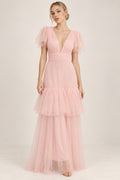Vestido largo de tul con olanes en los hombros