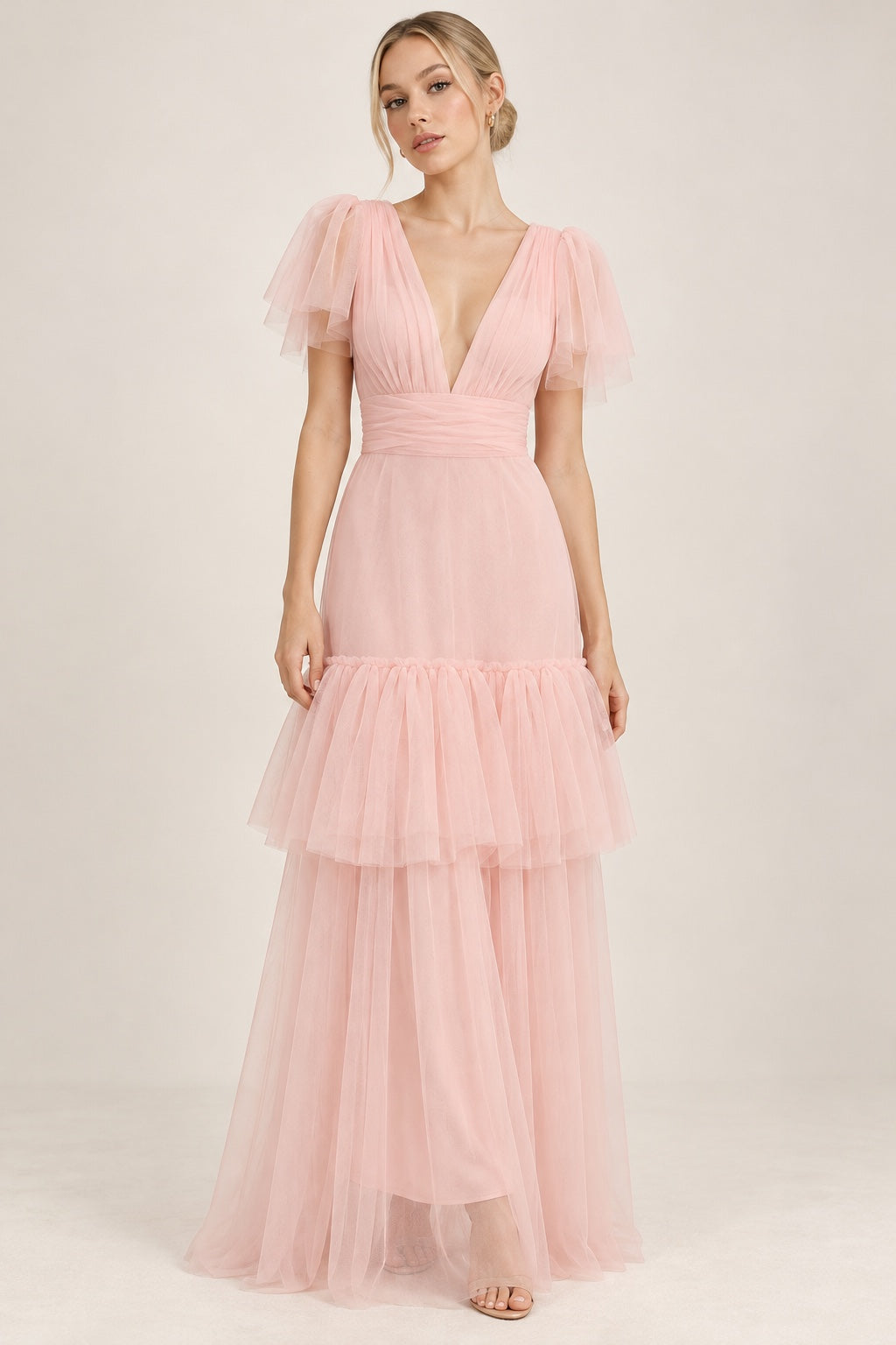 Vestido largo de tul rosa pastel con olanes MV186 — frente