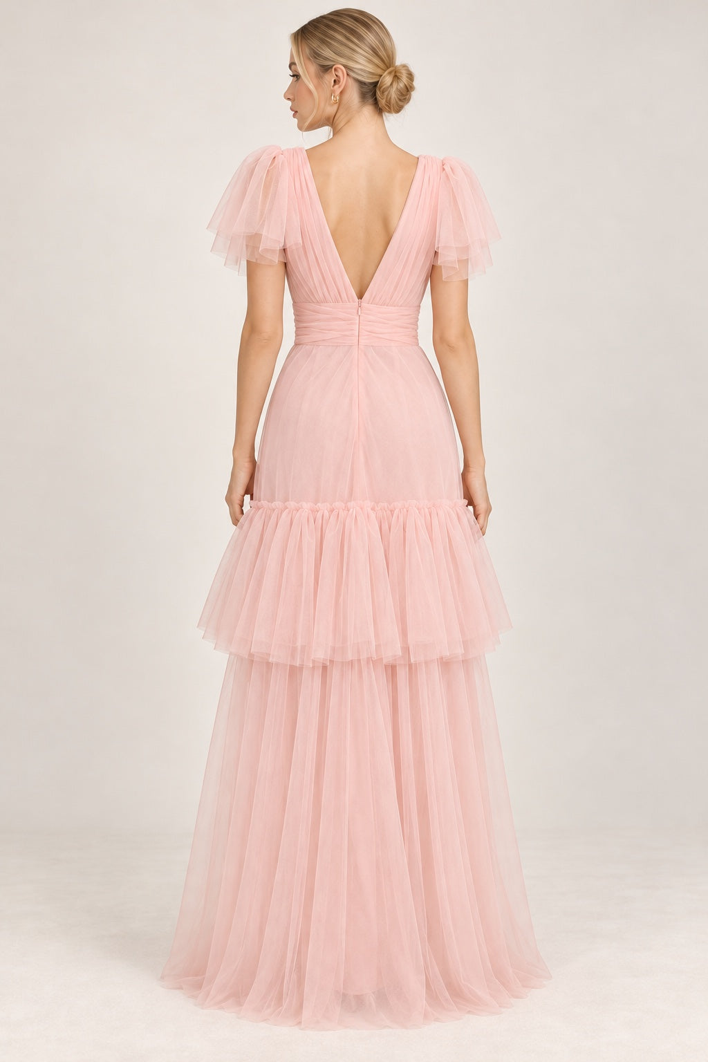 Vestido largo de tul rosa pastel MV186 — espalda