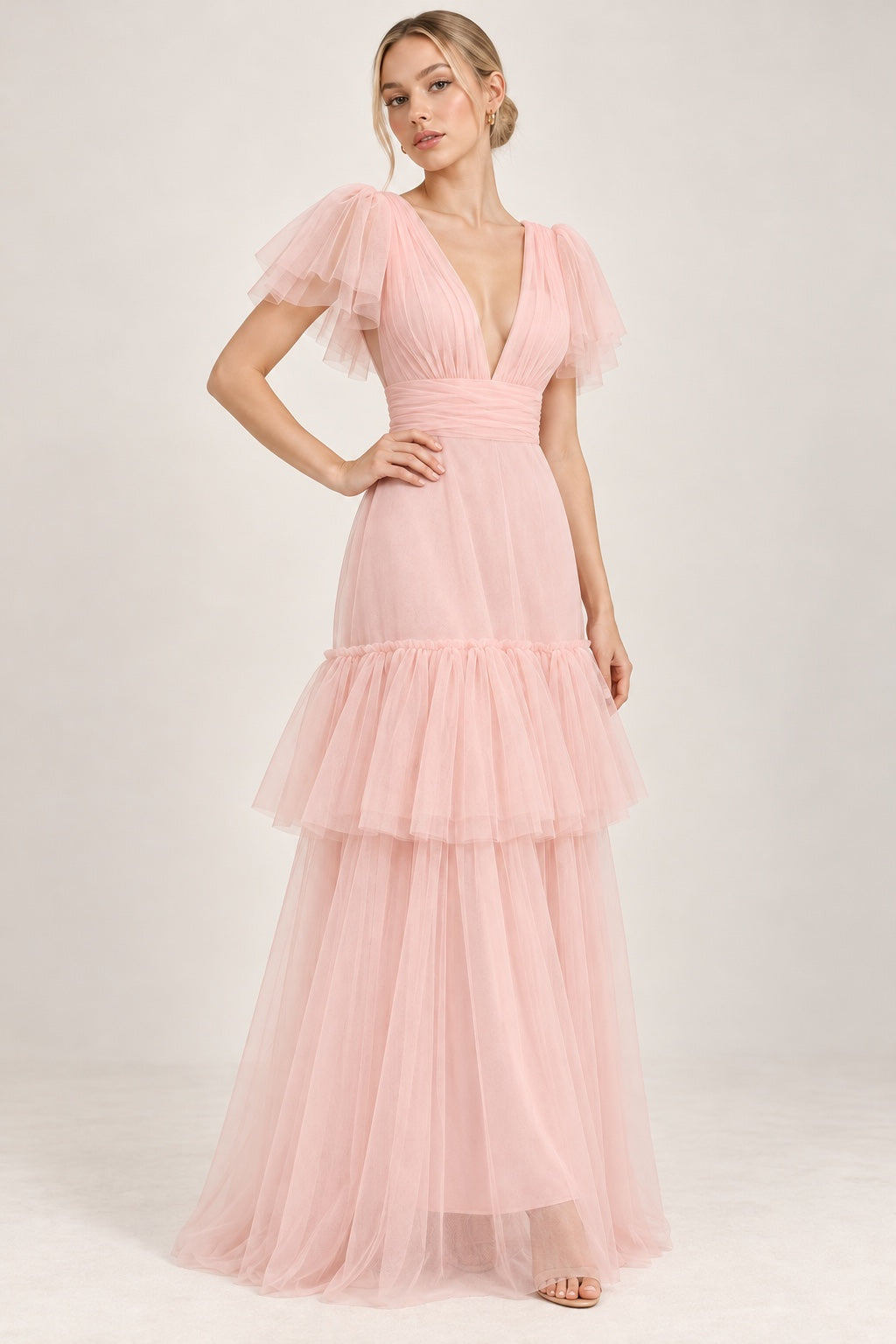 Vestido largo de tul rosa pastel MV186 — pose