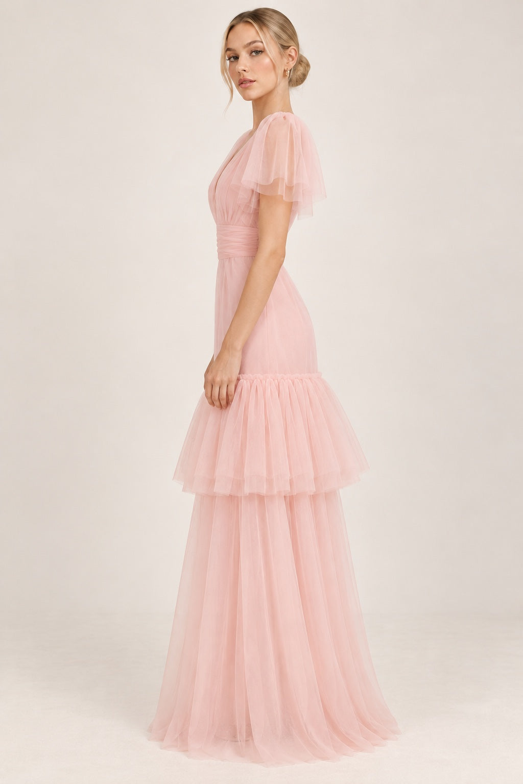 Vestido largo de tul rosa pastel MV186 — costado