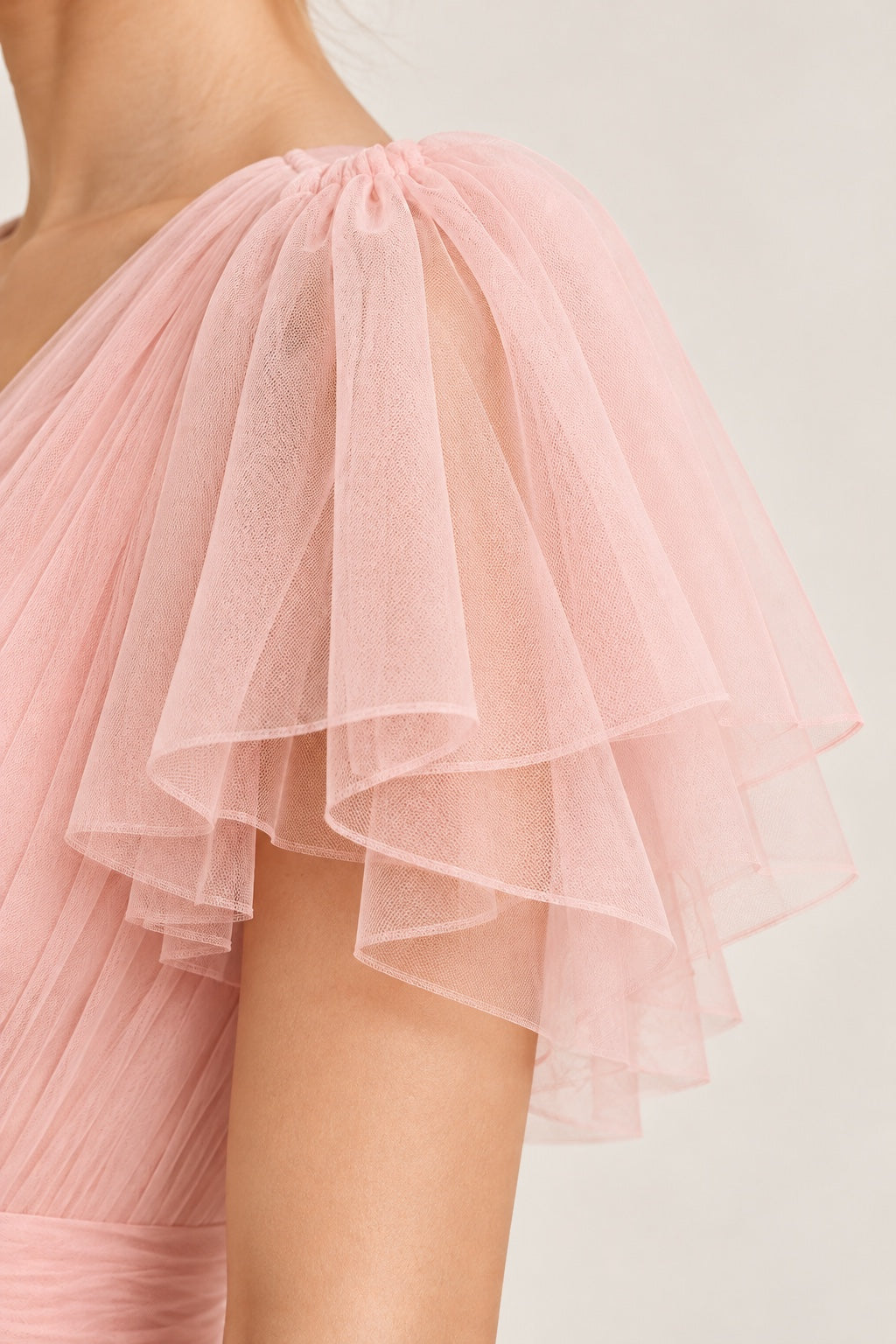 Vestido largo de tul rosa pastel MV186 — detalle del tul