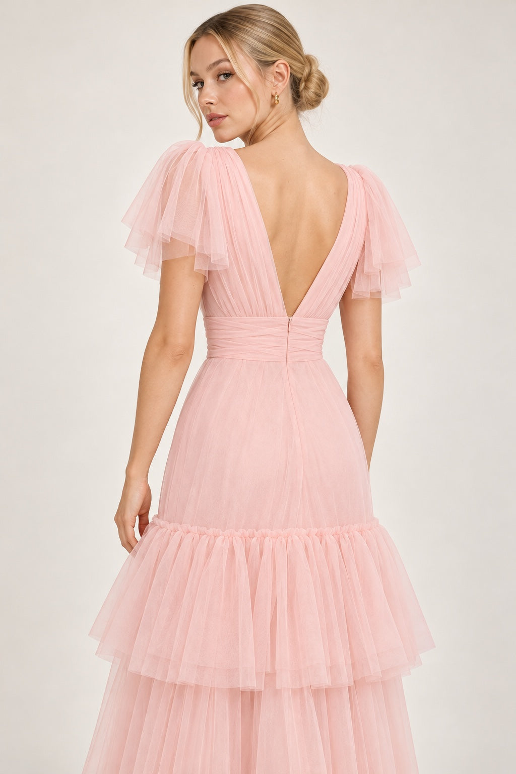 Vestido largo de tul rosa pastel MV186 — detalle de la espalda