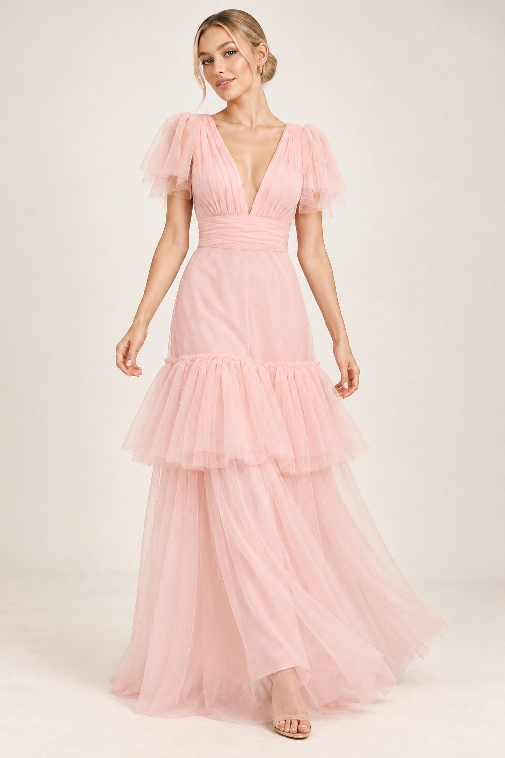 Vestido largo de tul rosa pastel MV186 — movimiento