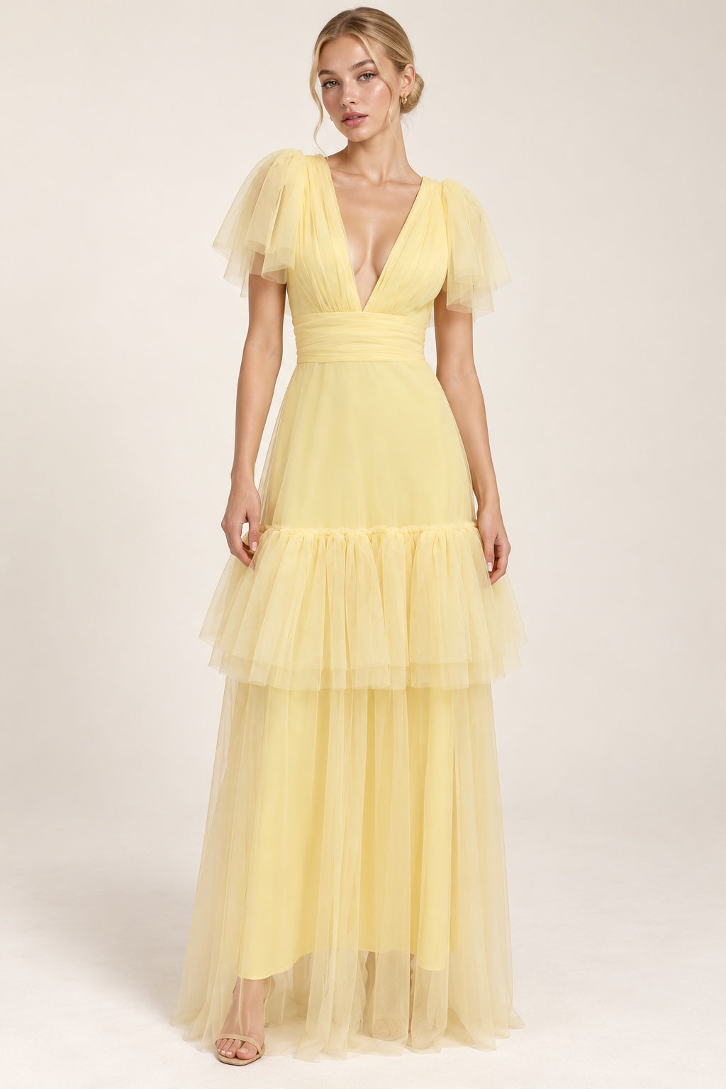 Vestido largo de tul amarillo con olanes MV186 — frente