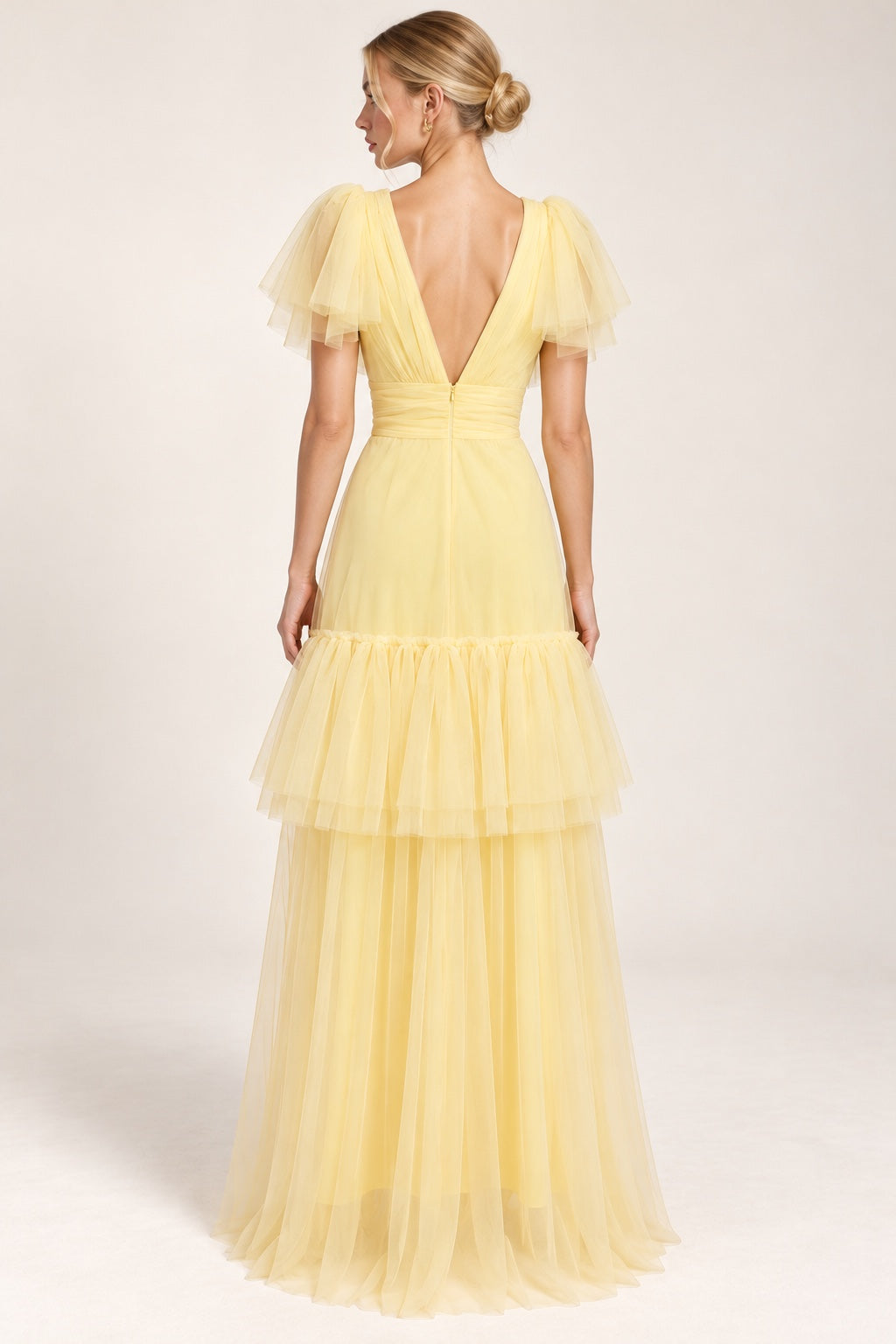Vestido largo de tul amarillo MV186 — espalda