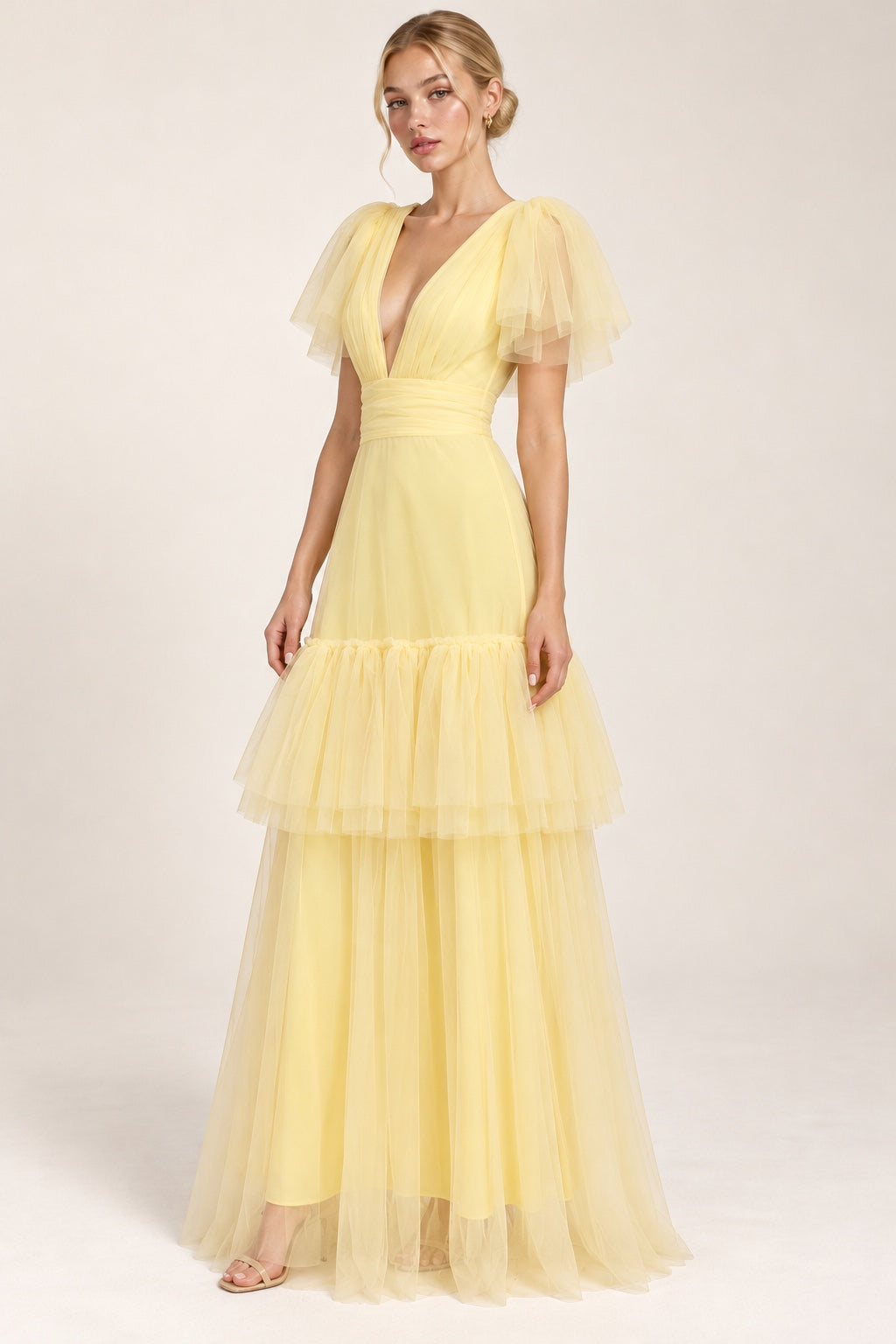 Vestido largo de tul amarillo MV186 — pose
