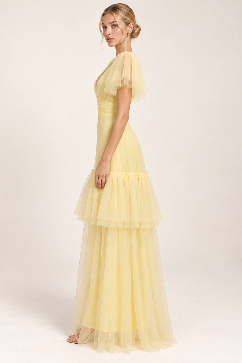 Vestido largo de tul amarillo MV186 — costado