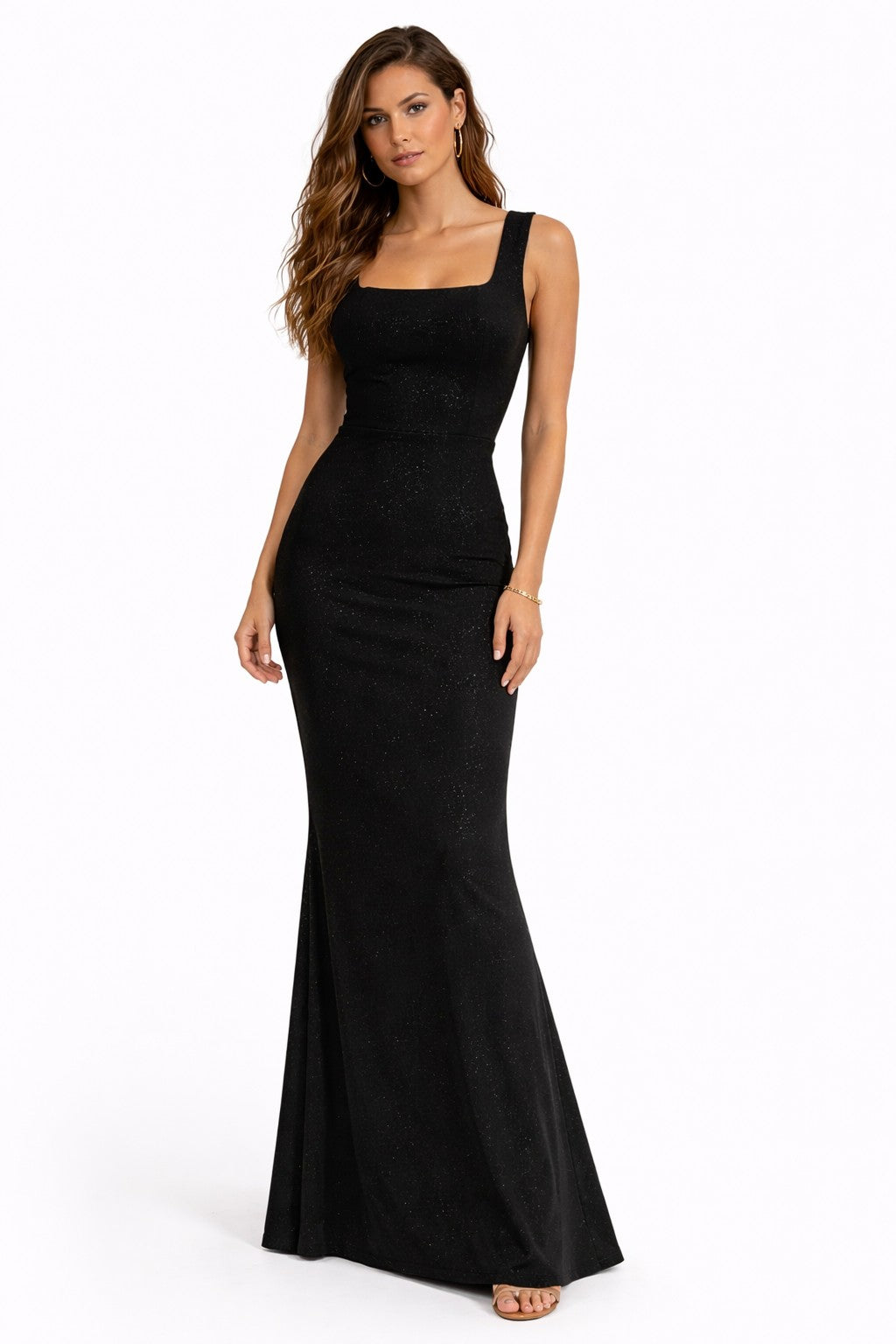 Pink Shop by MAF Vestido largo sirena escote cuadrado brillante negro, frente