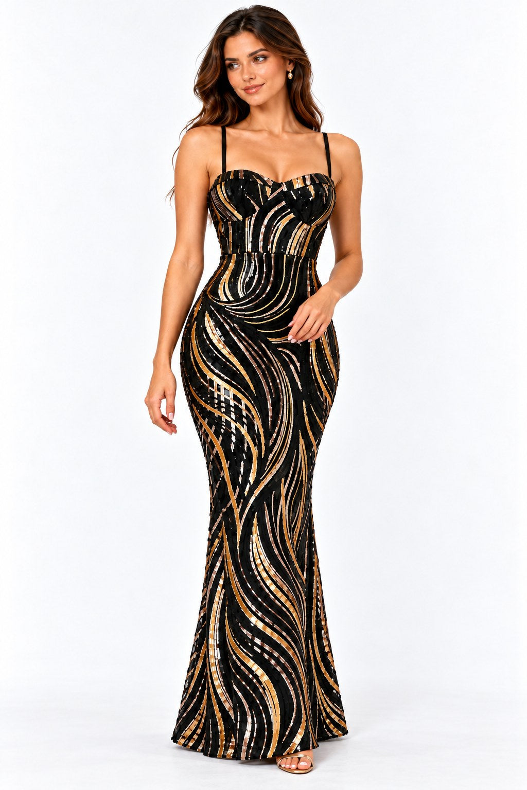 Vestido largo sirena de lentejuela negra con espalda de corsé, frente