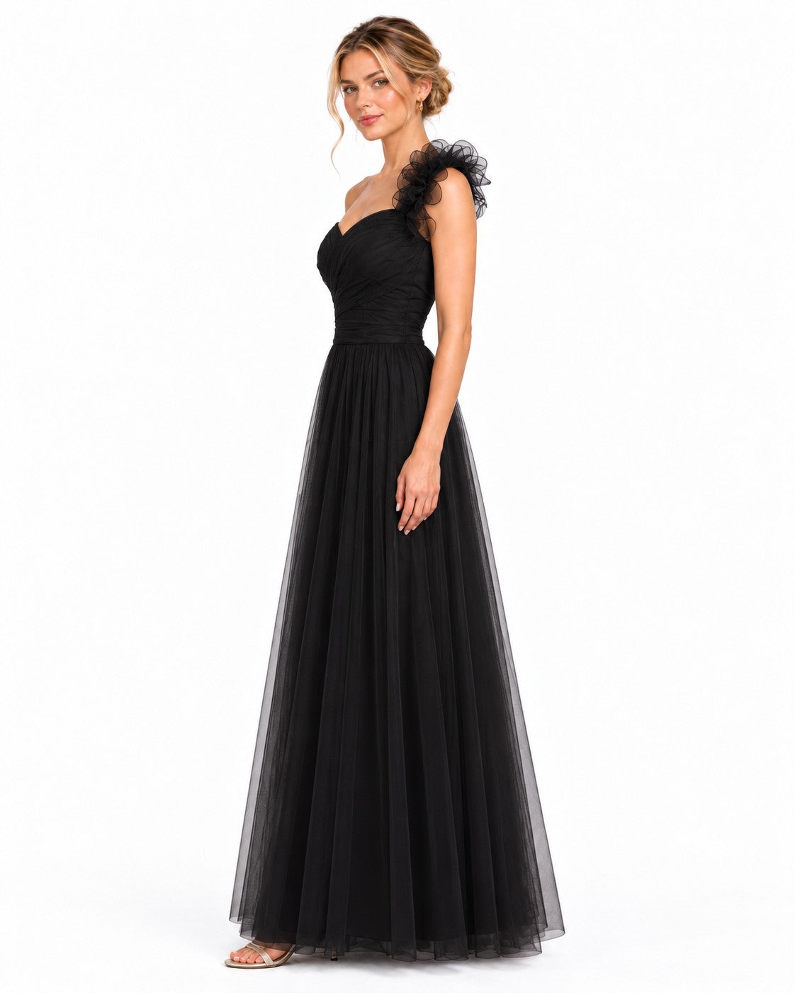 Vestido largo de tul escote corazón con flor en un hombro — Negro — foto 3