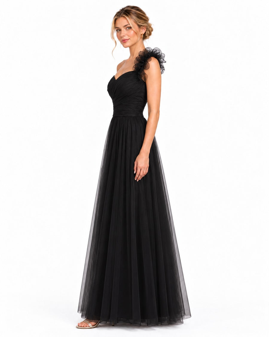 Vestido largo de tul escote corazón con flor en un hombro — Negro — foto 3