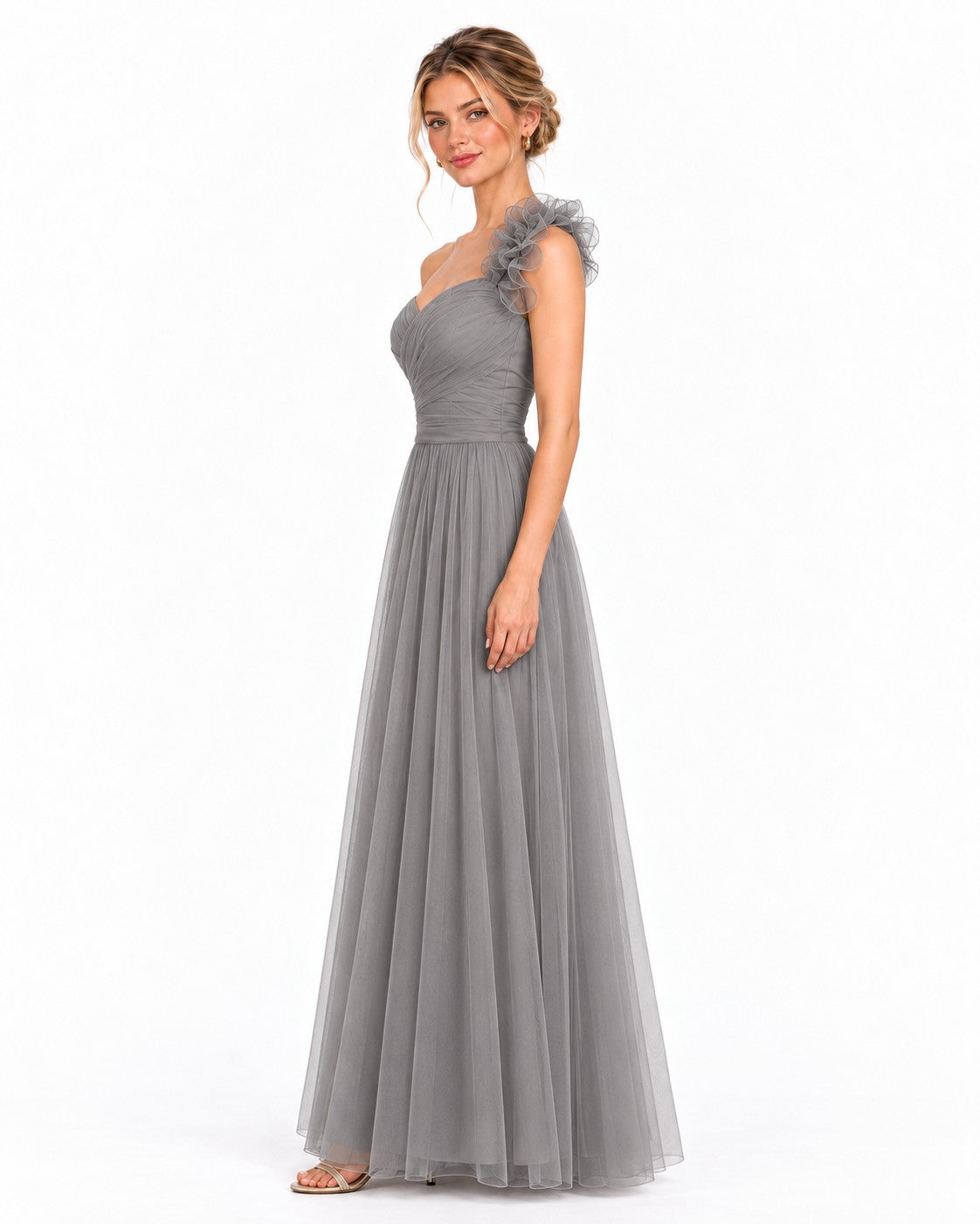 Vestido largo de tul escote corazón con flor en un hombro — Gris — foto 3