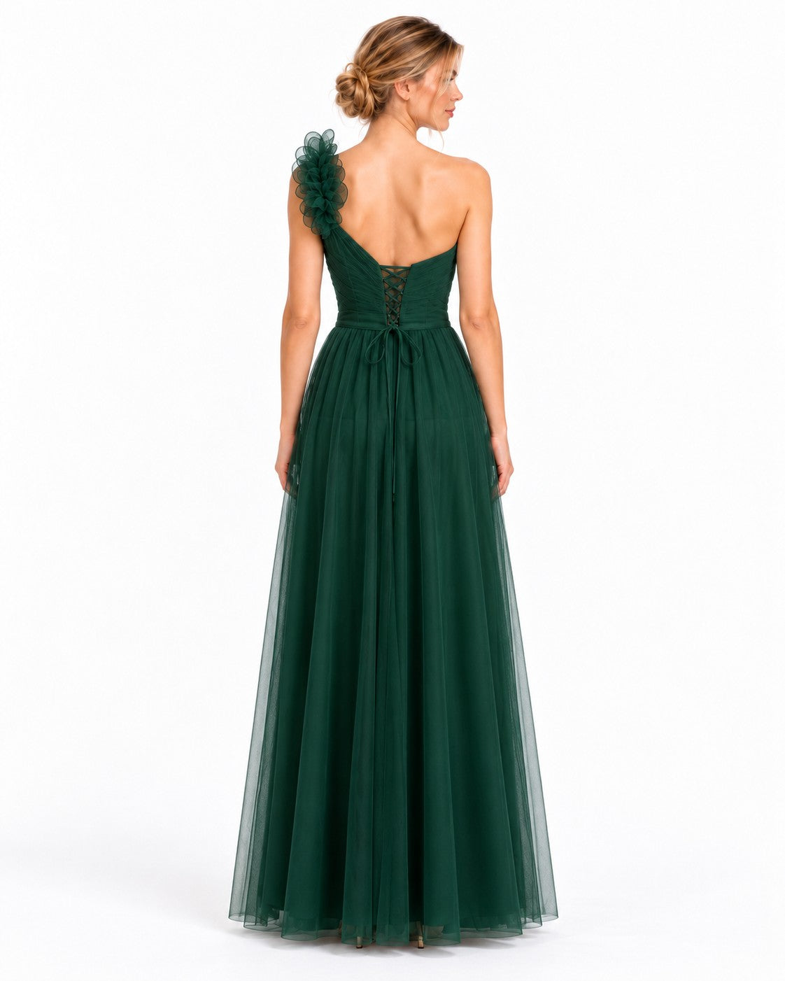 Vestido largo de tul escote corazón con flor en un hombro — Verde botella — foto 2