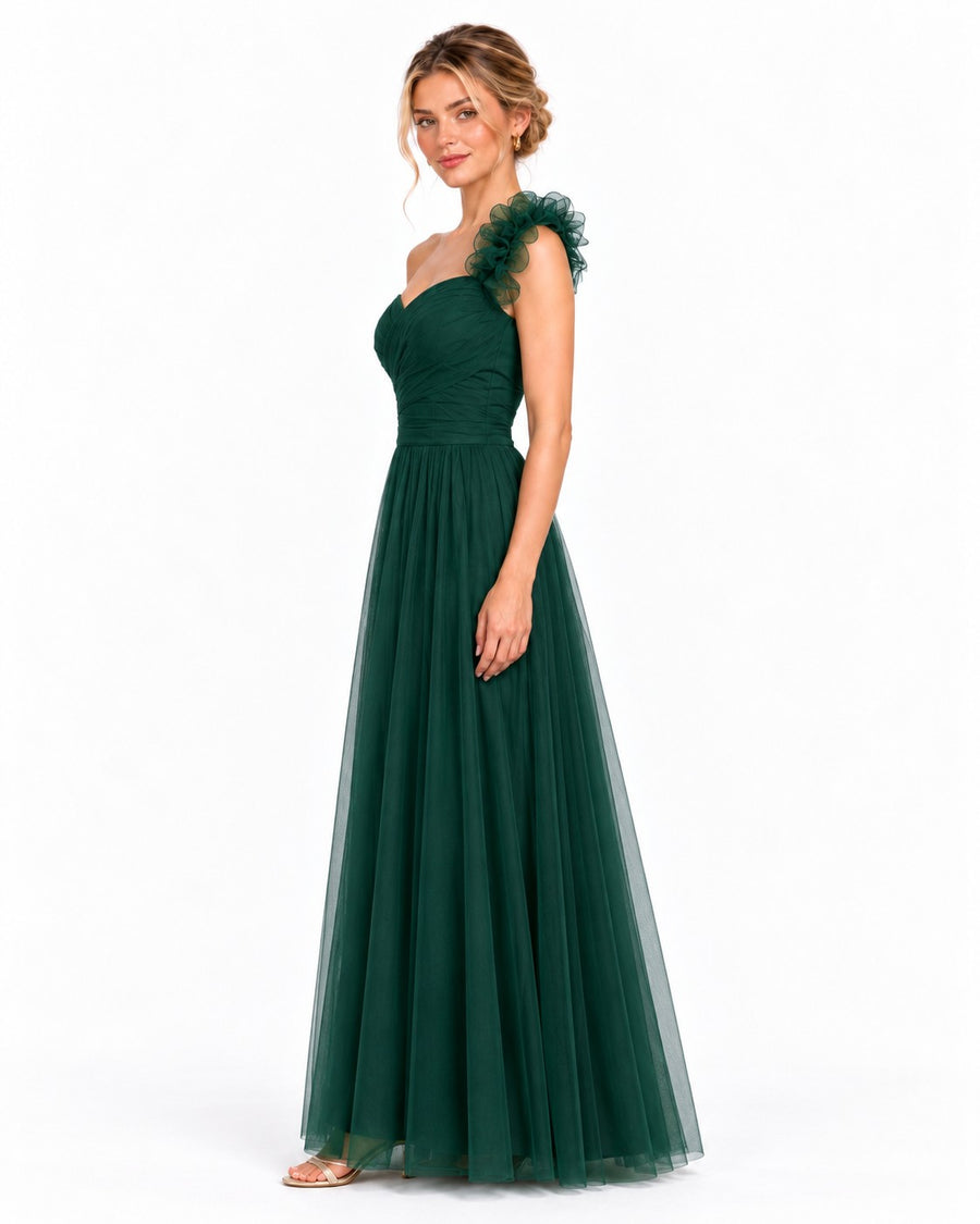 Vestido largo de tul escote corazón con flor en un hombro — Verde botella — foto 3