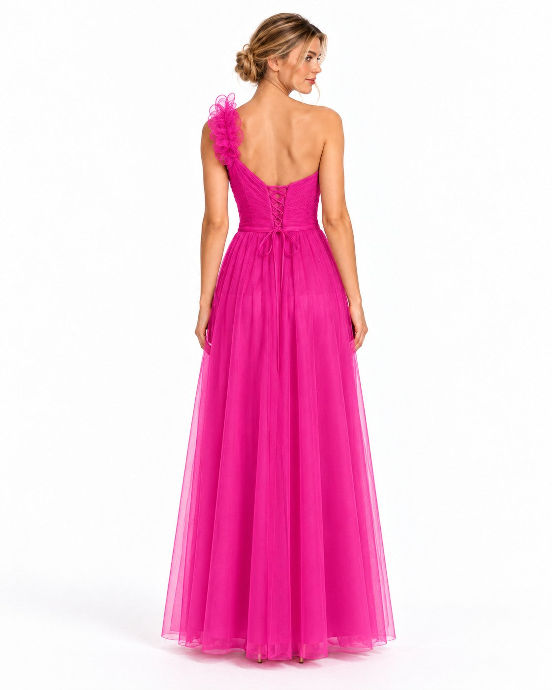 Vestido largo de tul escote corazón con flor en un hombro — Fiusha — foto 2
