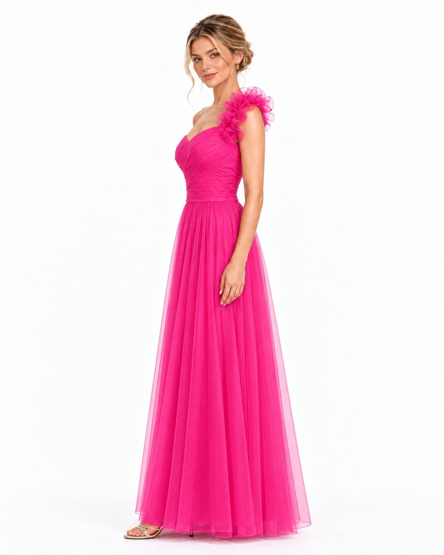 Vestido largo de tul escote corazón con flor en un hombro — Fiusha — foto 3