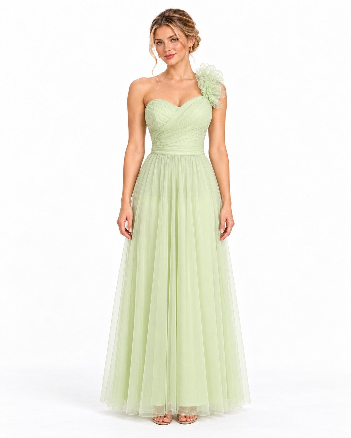 Vestido largo de tul escote corazón con flor en un hombro — Pistache — foto 1