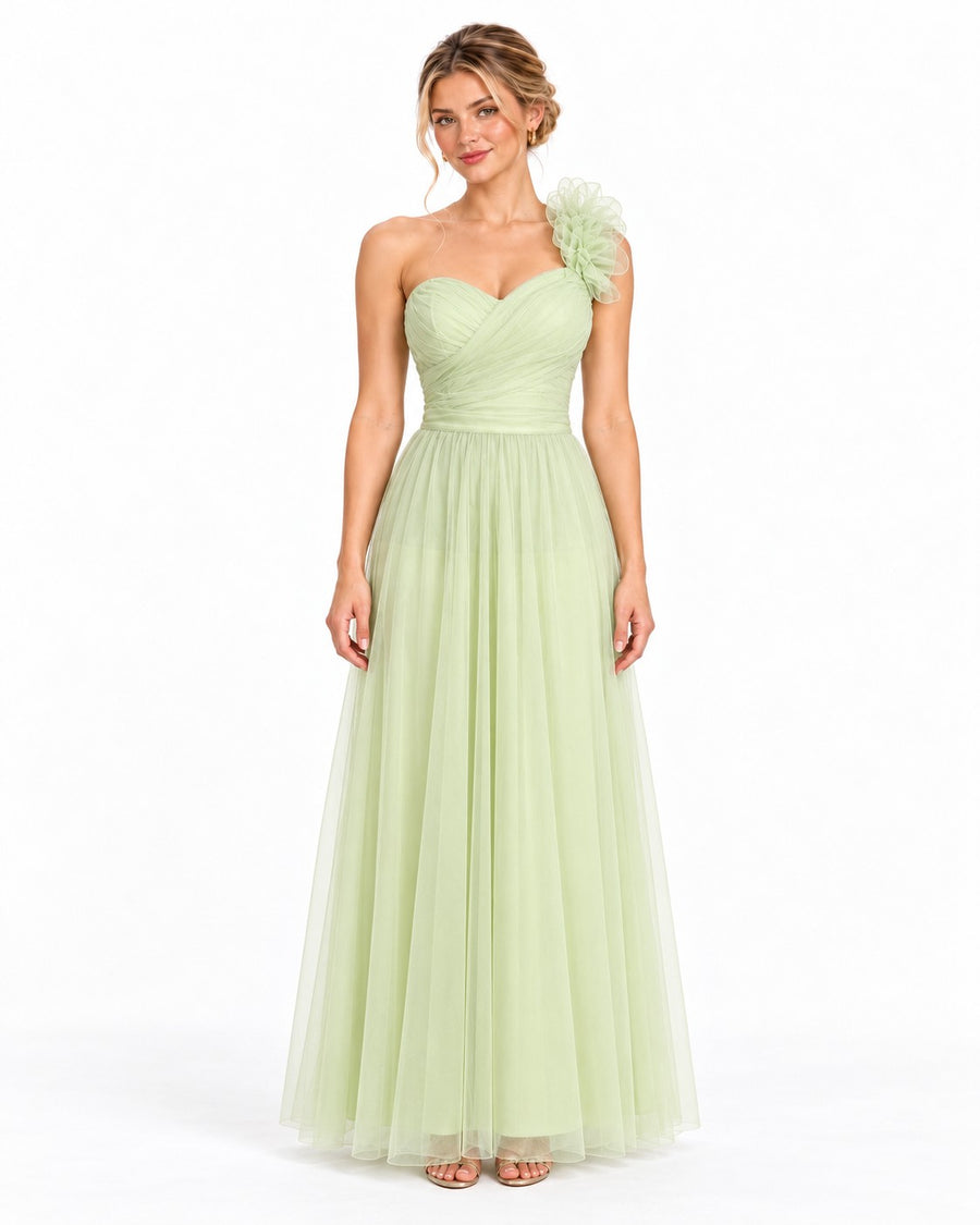 Vestido largo de tul escote corazón con flor en un hombro — Pistache — foto 1