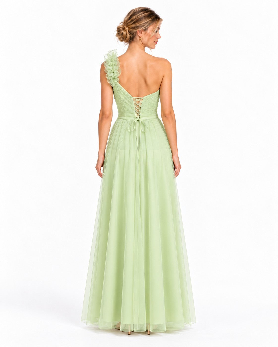 Vestido largo de tul escote corazón con flor en un hombro — Pistache — foto 2