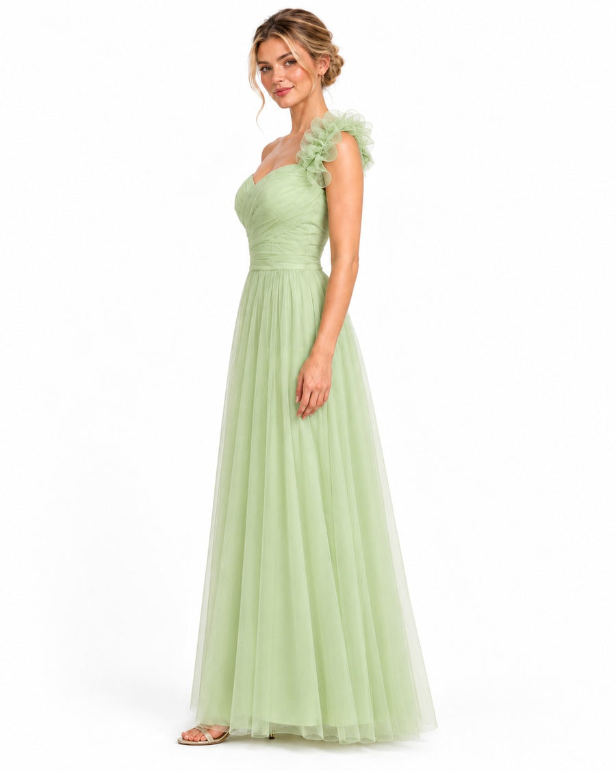 Vestido largo de tul escote corazón con flor en un hombro — Pistache — foto 3