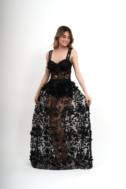 Vestido Negro Tul con Flores 3d Con Transparencia.
