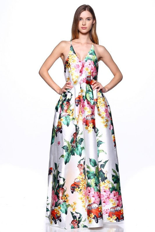 VESTIDO LARGO  BLANCO CON PRINT DE FLORES