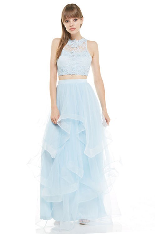 CONJUNTO TOP ENCAJE Y FALDA TUL AZUL BABY