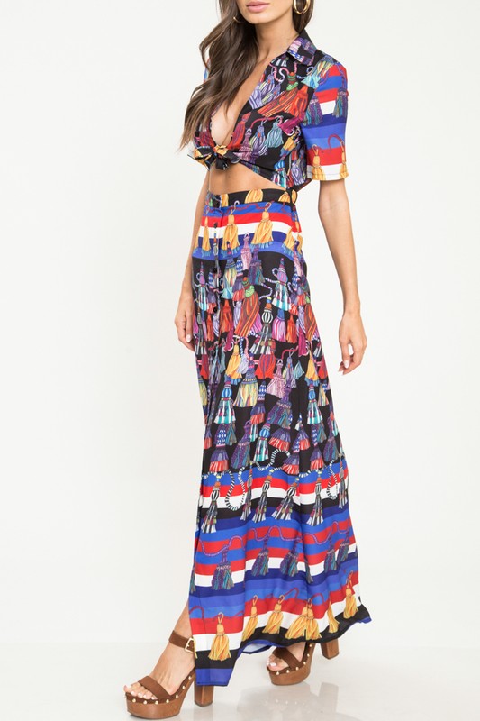Vestido con Top en Print de Borlas con Mangas