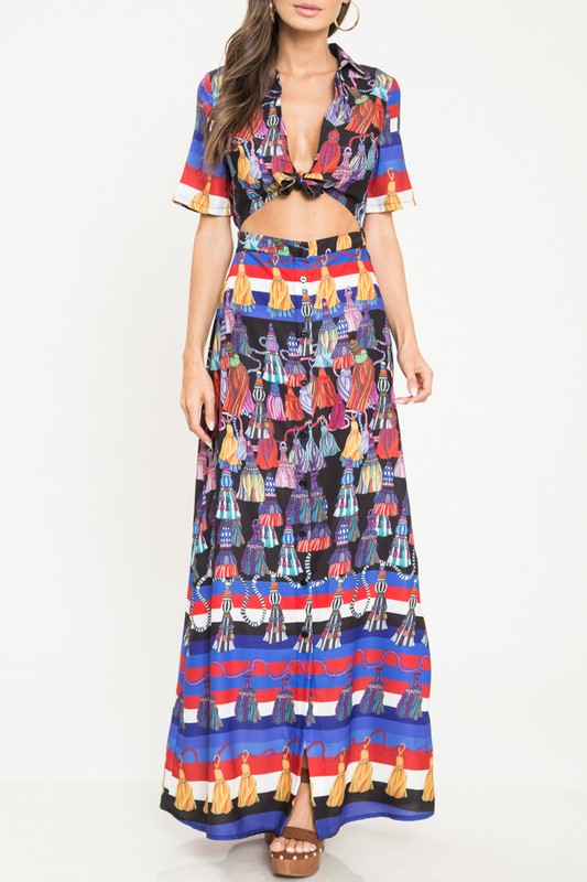 Vestido con Top en Print de Borlas con Mangas