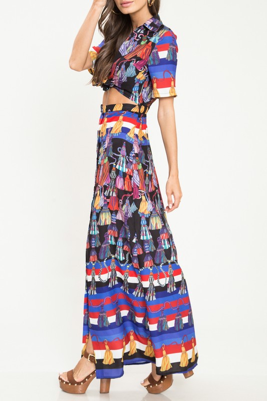 Vestido con Top en Print de Borlas con Mangas