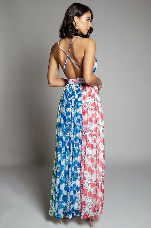 VESTIDO MESH FLOREADO ESCOTE V CON ABERTURAS EN  LAS PIERNAS