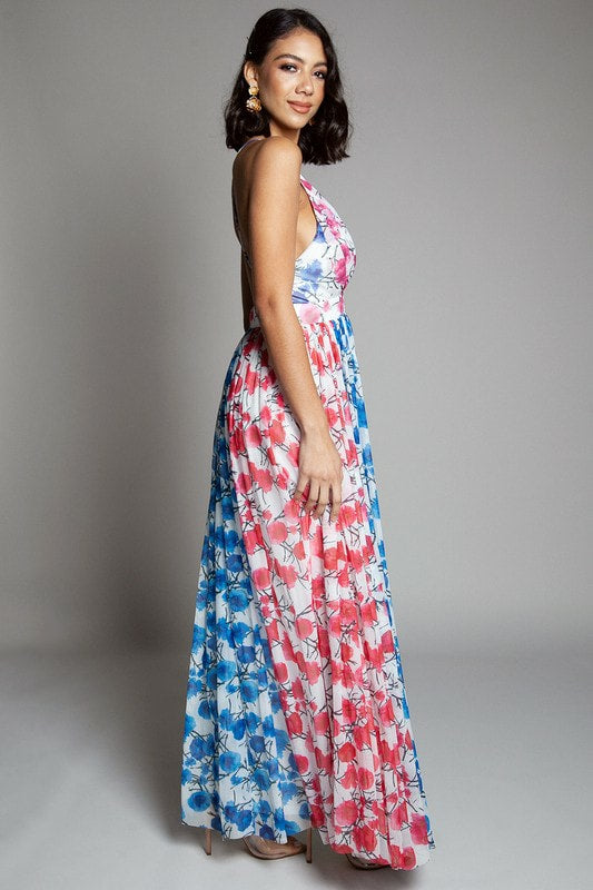 VESTIDO MESH FLOREADO ESCOTE V CON ABERTURAS EN  LAS PIERNAS
