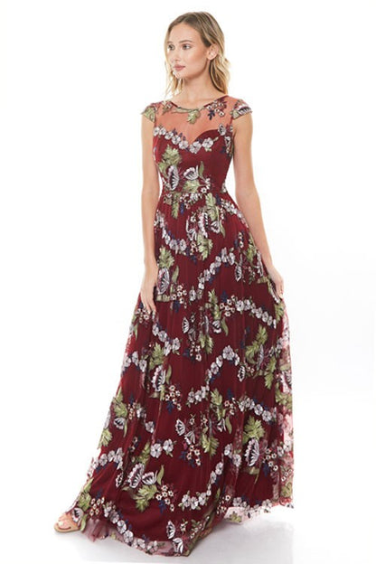 VESTIDO VINO LARGO BORDADO DE FLORES MANGA CORTA