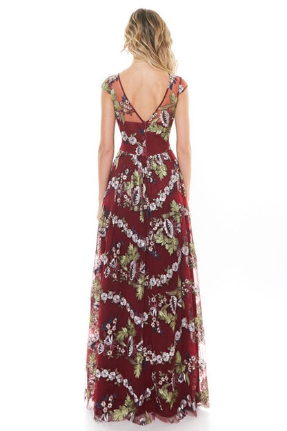 VESTIDO VINO LARGO BORDADO DE FLORES MANGA CORTA