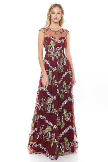 VESTIDO VINO LARGO BORDADO DE FLORES MANGA CORTA