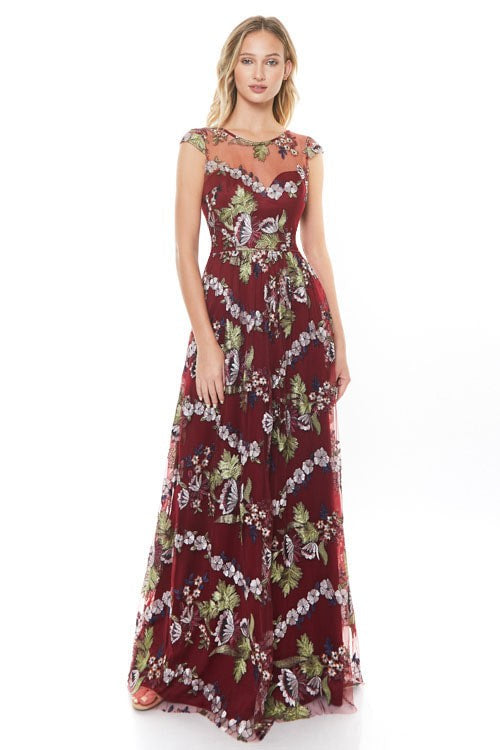 VESTIDO VINO LARGO BORDADO DE FLORES MANGA CORTA