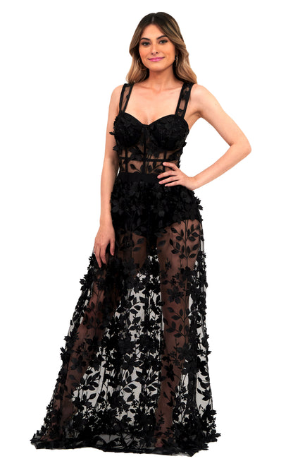Vestido Negro Tul con Flores 3d Con Transparencia.
