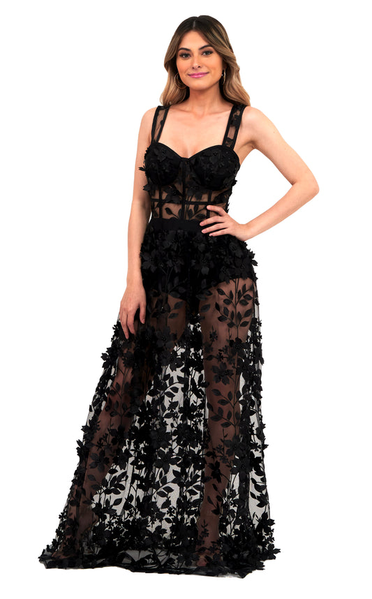 Vestido Negro Tul con Flores 3d Con Transparencia.