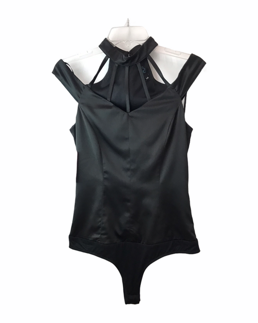 Bodysuit satinado negro con cuello halter