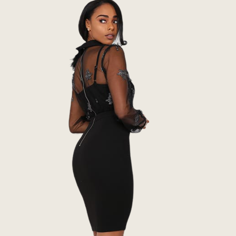 Vestido Corto Negro con Plata con Manga