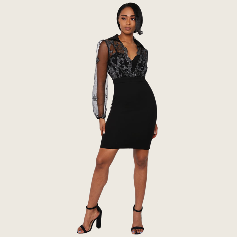 Vestido Corto Negro con Plata con Manga