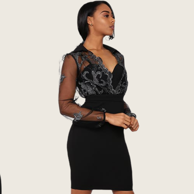 Vestido Corto Negro con Plata con Manga
