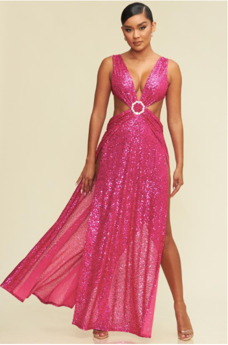 Vestido Largo cut off fucsia lentejuela
