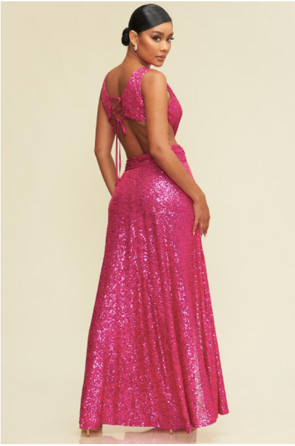 Vestido Largo cut off fucsia lentejuela