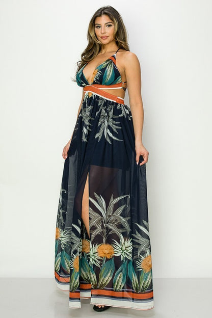 Vestido Largo  FloraL Azul Marino con Flores