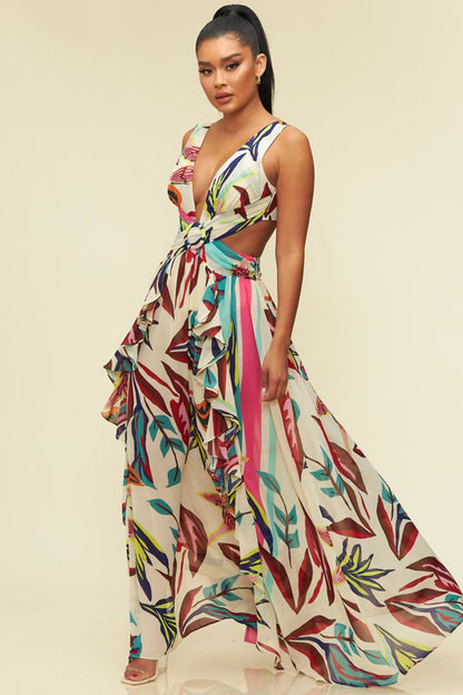 Vestido Largo cut off multi color  crema