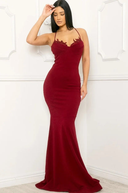 VESTIDO VINO LARGO CON DETALLE CROCHET
