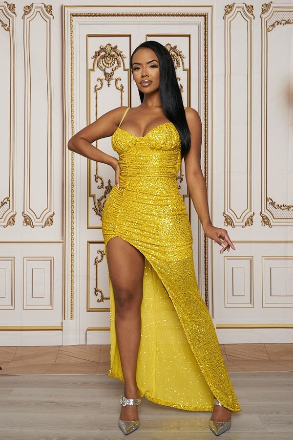 VESTIDO LARGO LENTEJUELA PLISADO CON MAXI ABERTURA