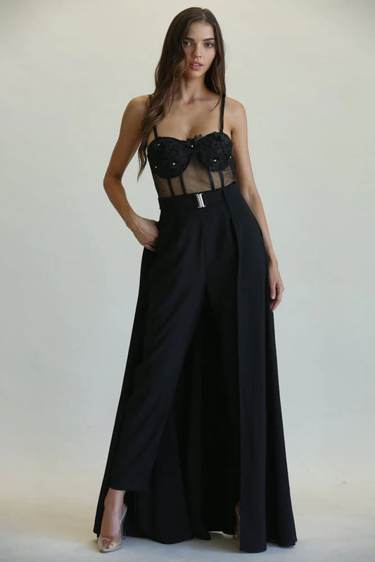 JUMPSUIT CON CAPA Y BUSTIER CON TRANSPARENCIA NEGRO